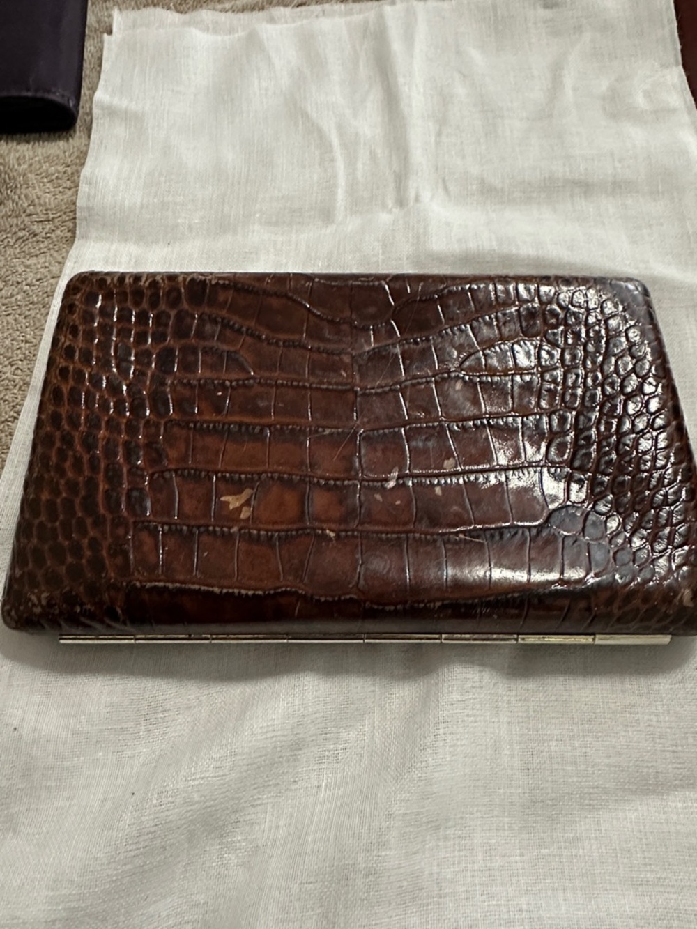 Abas Brown Croc-Embossed Leather Clutch Wallet with Gold Hardware Y2K